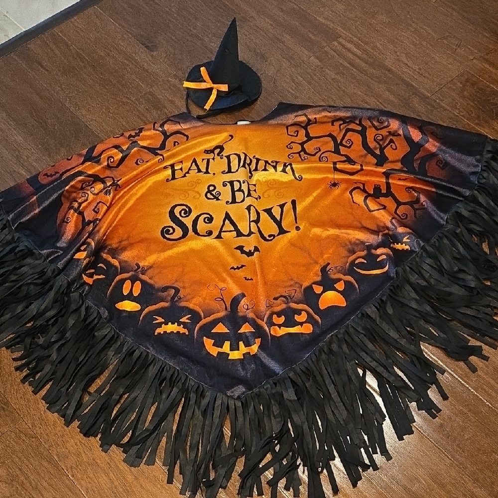Halloween Costume Poncho With Witch Hat Headband Black & Orange. Fits XS - XL